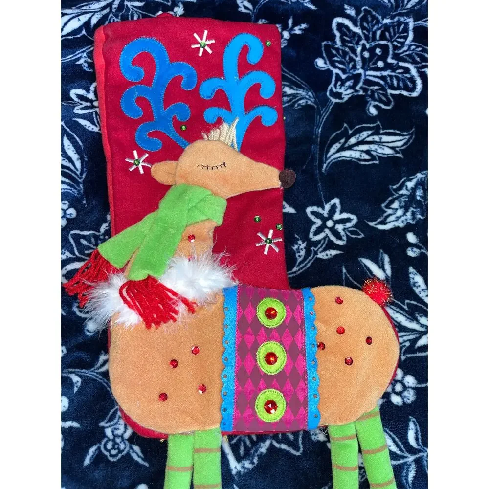 Pier 1 Imports Festive Reindeer Christmas stocking with dangling legs